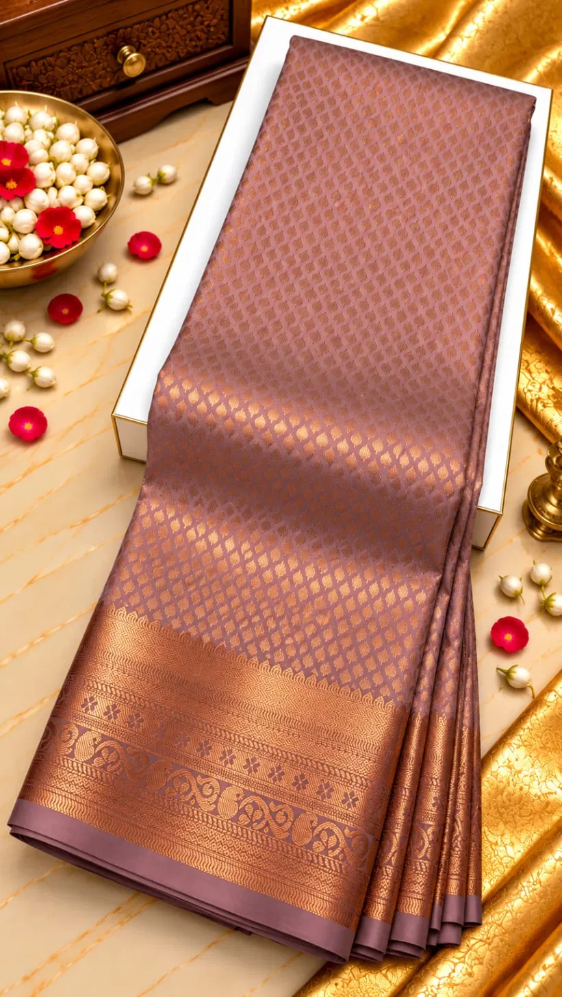 Onion Pink Copper Zari Small Butta Brocade Semi Kanchipuram Silk Saree